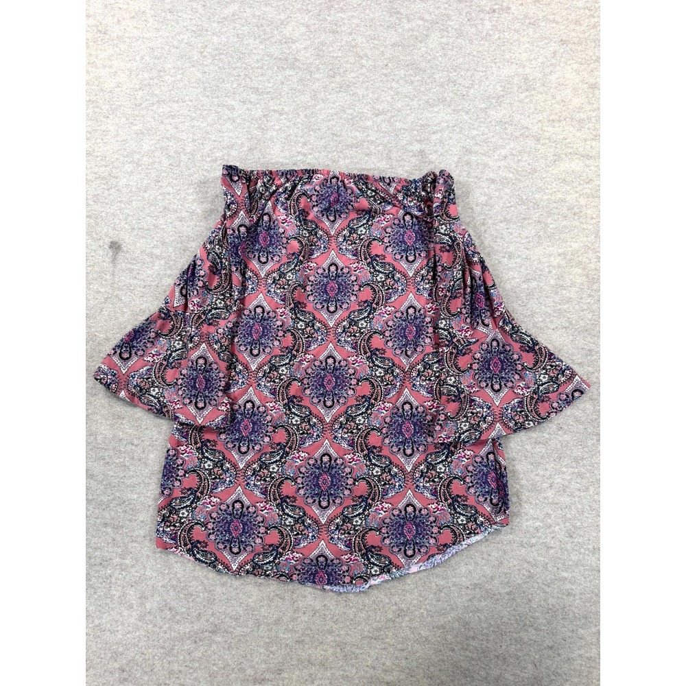 Womens Boho Peasant Blouse Pink Paisley Floral Off Shoulder Bell Sleeve XS